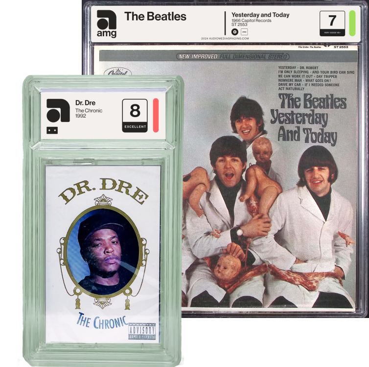 Two iconic albums, The Beatles 'Yesterday and Today' and Dr. Dre's 'The Chronic', both graded by AMG.