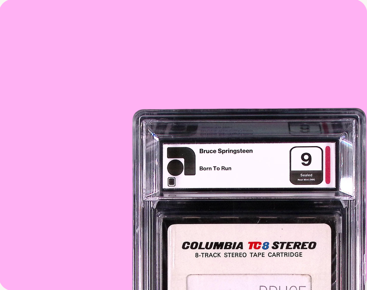 8-track tape cartridge of Bruce Springsteen Born To Run album in an AMG graded slab