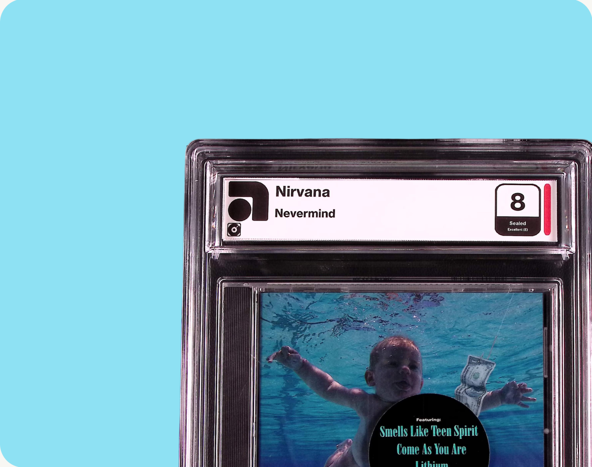 CD album cover of Nirvana's 'Nevermind' in an AMG graded slab