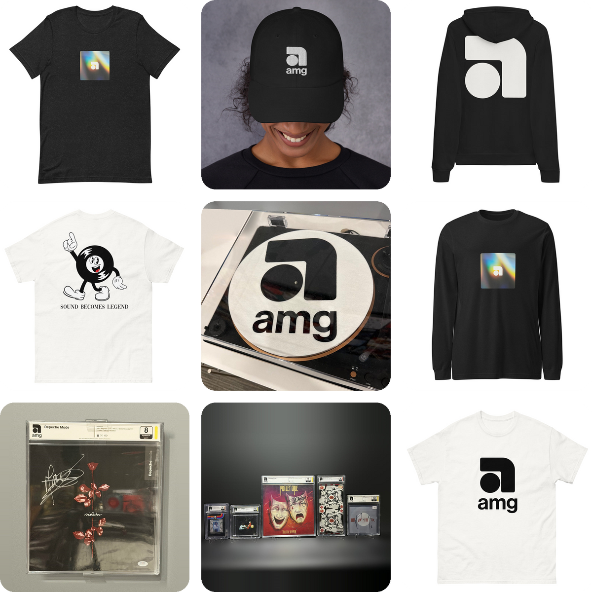 AMG merch: Prism Tee, Dad Hat, Big A Hoodie, Record Boy Tee, slip mat, Prism Long Sleeve, wall mount and slab stands